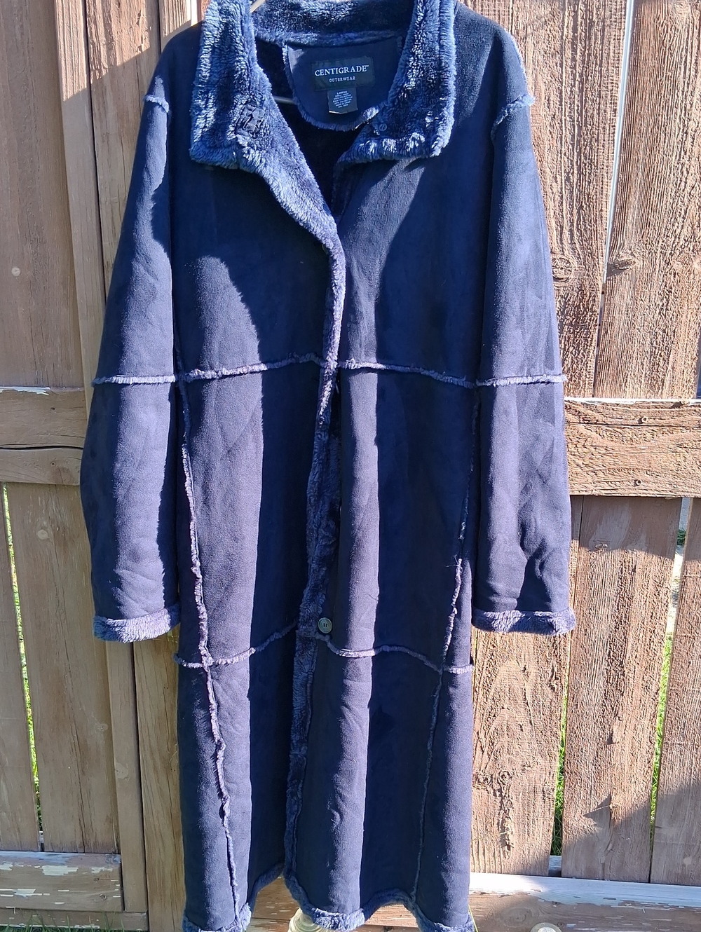 Women's Navy Faux Shearling Long Coat Large